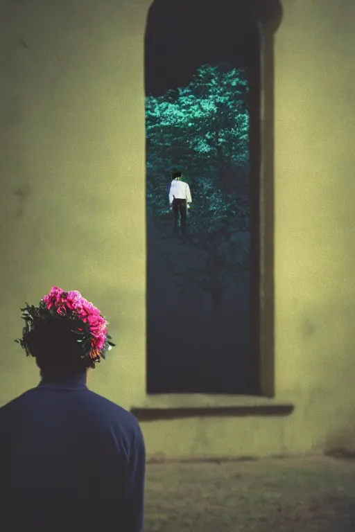 Prompt: kodak portra 4 0 0 photograph of a skinny guy looking into a otherworldly portal, flower crown, back view, vaporwave colors, grain, moody lighting, moody aesthetic,