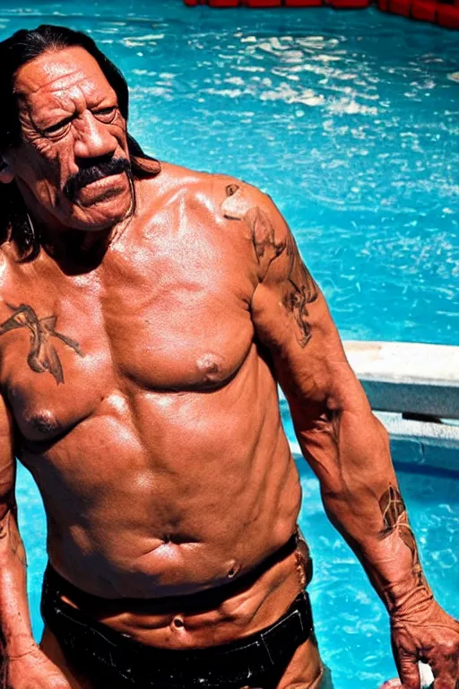 Image similar to danny trejo swimming in a pool of baked beans, realistic, moody grindhouse, dark