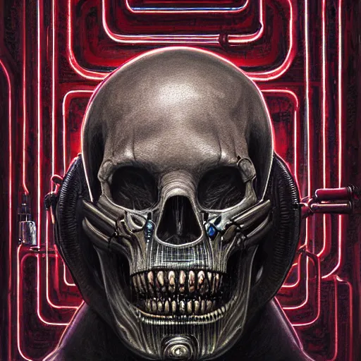 Image similar to surreal portrait of a man by Greg Rutkowski and H.R Giger, a biomechanical skull from whose sockets a red light emanates, between human and alien, connected by pipes and cables, terrifying, disturbing, cosmic void background, frightening, fascinating, highly detailed portrait, digital painting, book cover, artstation, concept art, smooth, sharp foccus ilustration, Artstation HQ.