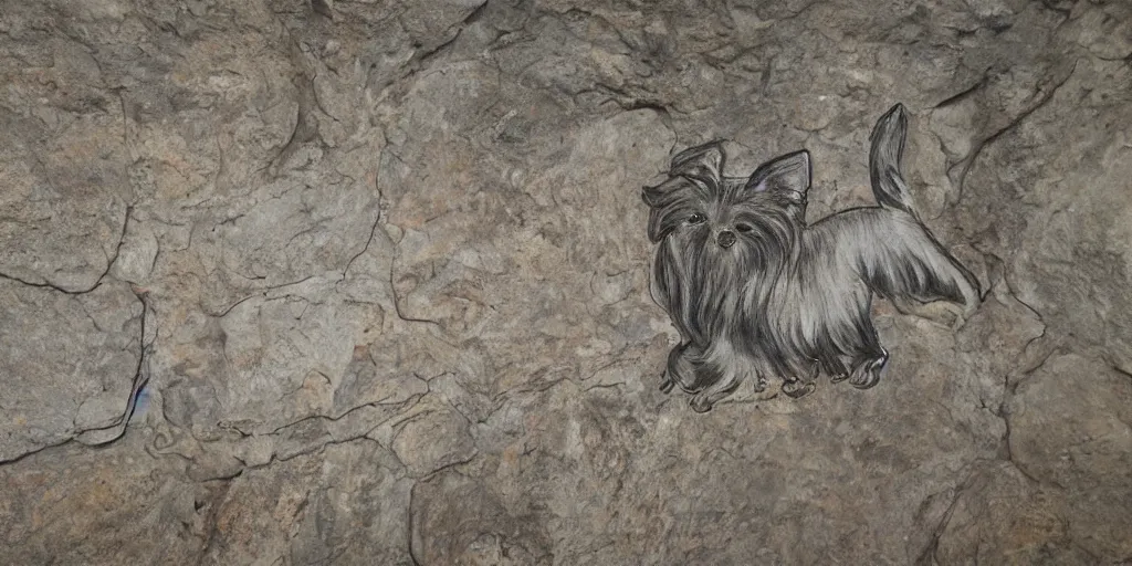 Image similar to A Yorkshire Terrier very roughly sketched on the wall of a cave, a petrogliph, stone art by Pueblan peoples, stone art