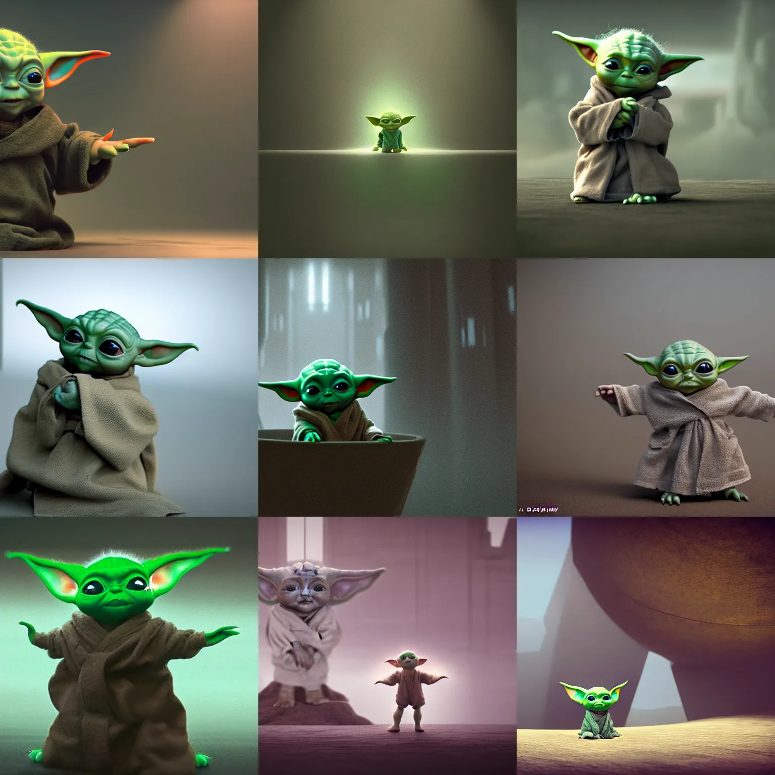 Prompt: baby yoda in cinematic, concept art, hyper realistic, symbolism, Orwellian Disney Land, minimalist architecture by Scott M Fischer, misty, foggy, depth of field, 8k, 35mm film grain, unreal engine 5 render