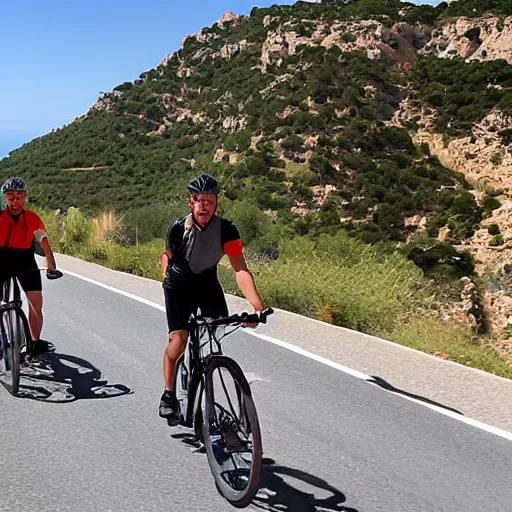 Image similar to 3 friends on professional road bycycles riding in the mountains of Mallorca, sea in the background, 4k