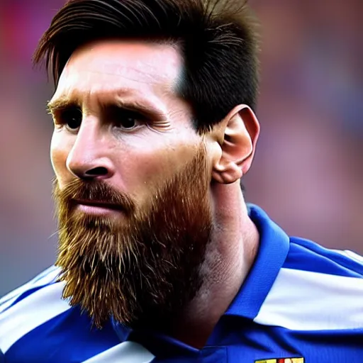 Image similar to Lionel Messi with a majestic beard, closeup, cinematic shot, 4k, award winning photo