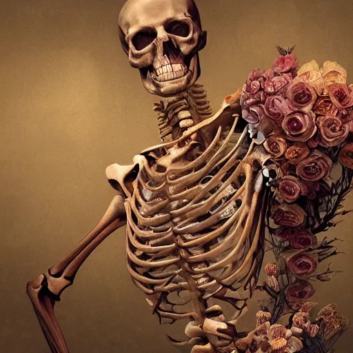 Image similar to biomorphic painting of a skeleton with flowers, au naturel, hyper detailed, digital art, trending in artstation, cinematic lighting, studio quality, smooth render, unreal engine 5 rendered, octane rendered, art style by klimt and nixeu and ian sprigger and wlop and krenz cushart