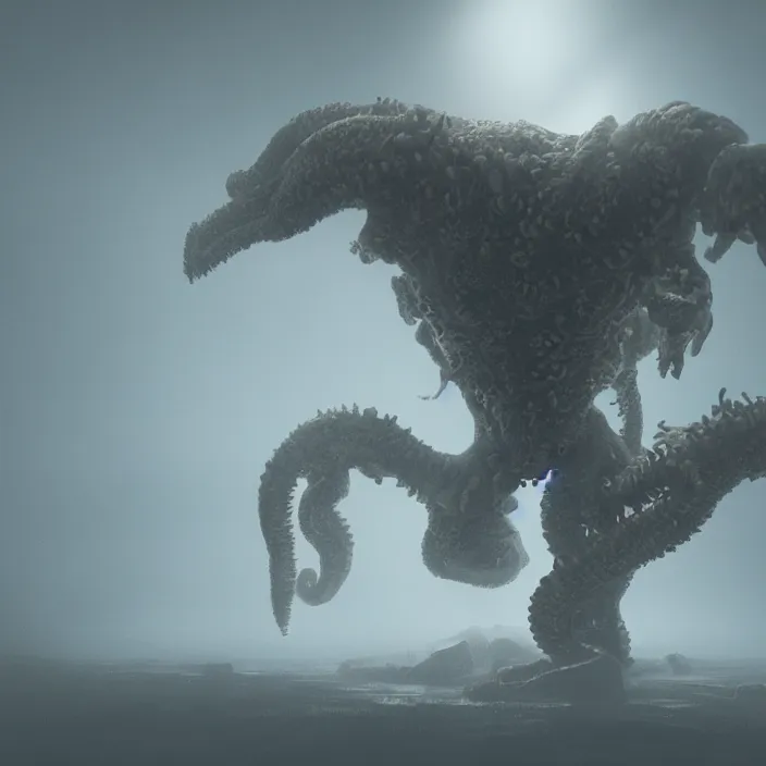 Prompt: a lovecraftian monster emerges out of the clouds, volumetric lighting, fog, atmospheric, high resolution, rendering, octane, redshift