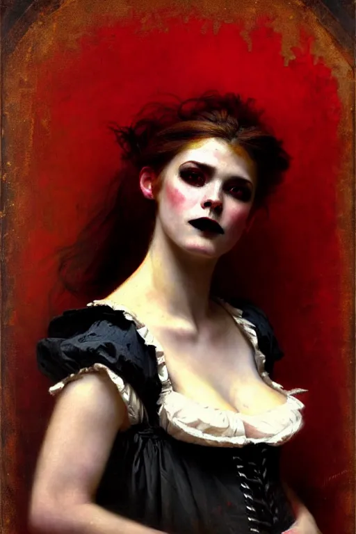 Image similar to solomon joseph solomon and richard schmid and jeremy lipking victorian genre painting portrait painting of a happy young beautiful woman punk rock goth girl german french actress model pirate wench in fantasy costume, red background