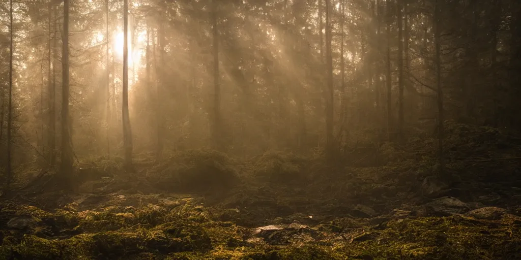 Prompt: The Grand Budapest Hotel in the woods, lost place photo, sunrays, mystic, mist, volumetric lights, wilderness, dirt, dramatic, cinematic, 8K, award winning photo