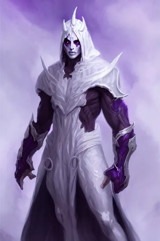 Prompt: human male demon, full body white purple cloak, character concept art, costume design, black eyes, white horns, trending on artstation, Artgerm , WLOP