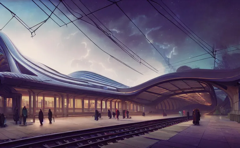 Image similar to exterior shot of utopian train station with cinematic lighting by zaha hadid and renzo piano, darek zabrocki and greg ruthkowski, alphonse mucha, simon stalenhag, cinematic, holy place, paradise, scifi, futurism, atmospheric, dusk, concept art, artstation, trending on artstation