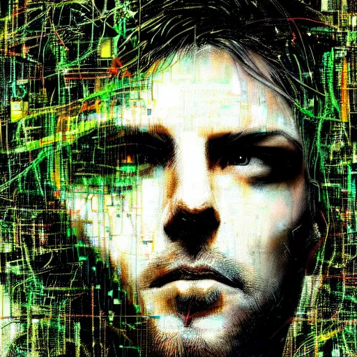 Prompt: hyperrealistic portrait of a cyberpunk man, medium hair, confident, cybernetics, immersed within a network, by Guy Denning, Derek Gores, Russ Mills, glitch art, hyper focus, fined detail, polished, complex, hacking effects, holographic, digital tech effects, color blocking!, green, realistic, acrylic on canvas, concept art, abstract, 8k. trending on cgsociety, trending on artstation