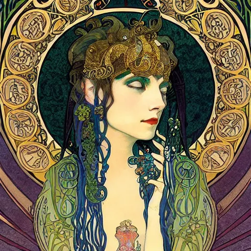 Image similar to cleopatra with coiled serpents beautiful detailed romantic art nouveau face portrait by alphonse mucha, kay nielsen, yoshitaka amano, and gustav klimt, hauntingly beautiful refined moody dreamscape