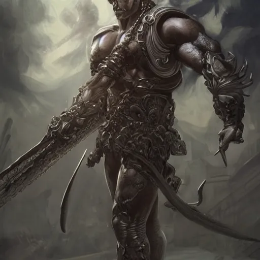 Prompt: very muscular, heavily armored male ghostly pirate wielding large scimitar, full body pose, dark fantasy, intricate, elegant, highly detailed, digital painting, artstation, concept art, smooth, sharp focus, illustration, wide angle shot, full body visible, art by artgerm and H R Giger and alphonse mucha