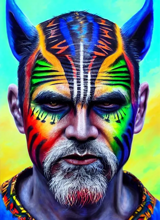 Image similar to photo of a gorgeous Beautiful face Portrait of Magic old shaman with a rainbow panther, face painting, thunders, shaman in the style of stefan kostic, wild, realistic, sharp focus, 8k high definition, insanely detailed, intricate, elegant, art by stanley lau and artgerm