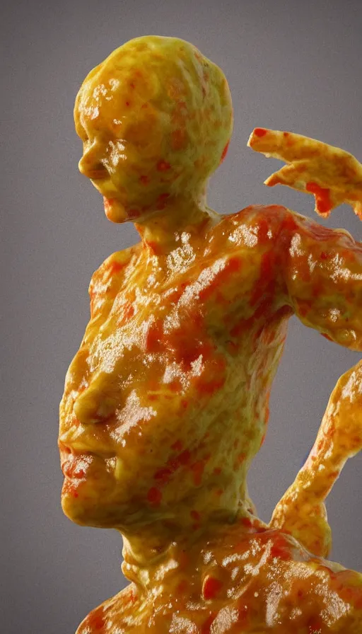 Prompt: a human fruit covered with molds and wearing pasta, showered in chili sauce, fungus, complete figure, 3 d render, photo realistic, highly detailed, vivid colors.