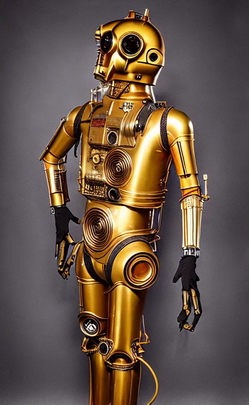 Image similar to steampunk version of c 3 po, promotional photo, studio lighting