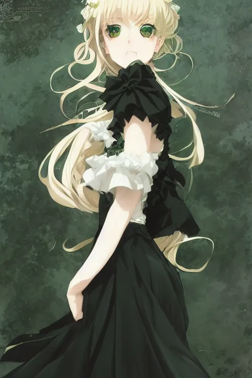 Image similar to victorique de blois anime girl gosick super detailed green eyes green eyes green eyes green eyes black dress black dress black dress black dress blonde hair by greg rutkowski makoto shinkai aramaki shinji artgerm, cushart krenz key art feminine award winning