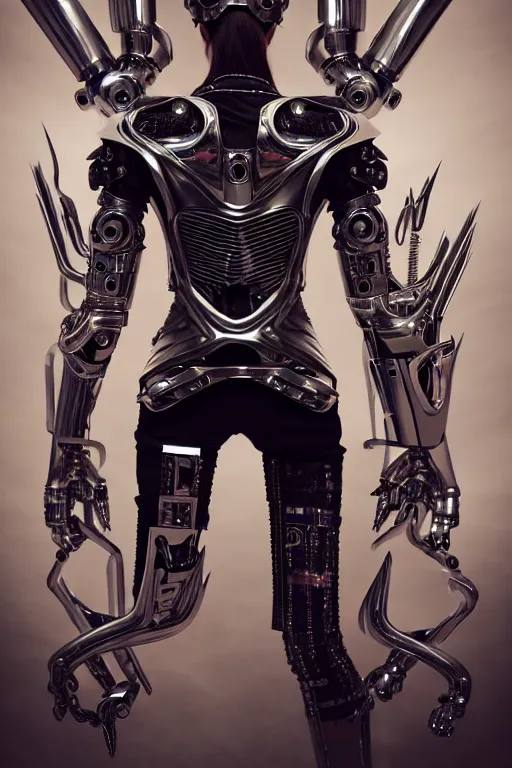 Image similar to chrome futuristic cyborg with curved metal horns, chrome motorcycle parts, full body, Loki horns, diffuse lighting, fantasy, intricate, elegant, highly detailed, lifelike, photorealistic, digital painting, artstation, illustration, concept art, smooth, sharp focus, art by John Collier and Albert Aublet and Krenz Cushart and Artem Demura and Alphonse Mucha