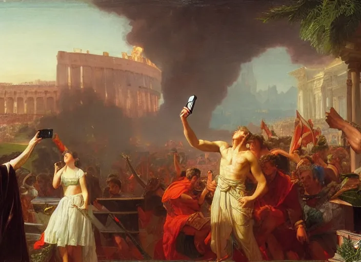 Image similar to julius caesar taking a selfie as rome burns behind him by thomas cole and vladimir volegov and alexander averin and pierre auguste cot and delphin enjolras