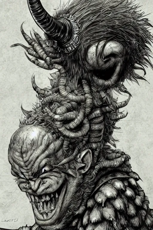 Image similar to hunched troll with a horn on his head, fantasy, highly detailed, digital art, sharp focus, trending on art station, kentaro miura manga art style