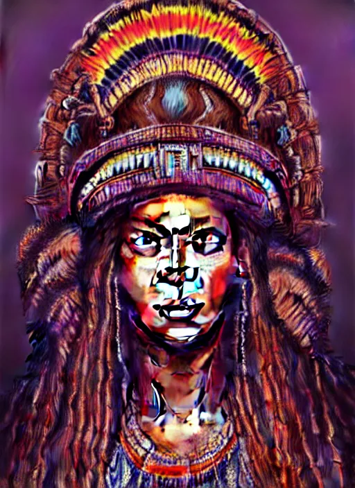 Prompt: portrait of beyonce, hyper detailed ultra sharp aztec shaman warrior. trending on artstation, warpaint aesthetic, bloodwave, colorful, psychedelic, ornate, intricate, digital painting, concept art, smooth, sharp focus, illustration, art by artgerm and greg rutkowski and h. r. giger, 8 k