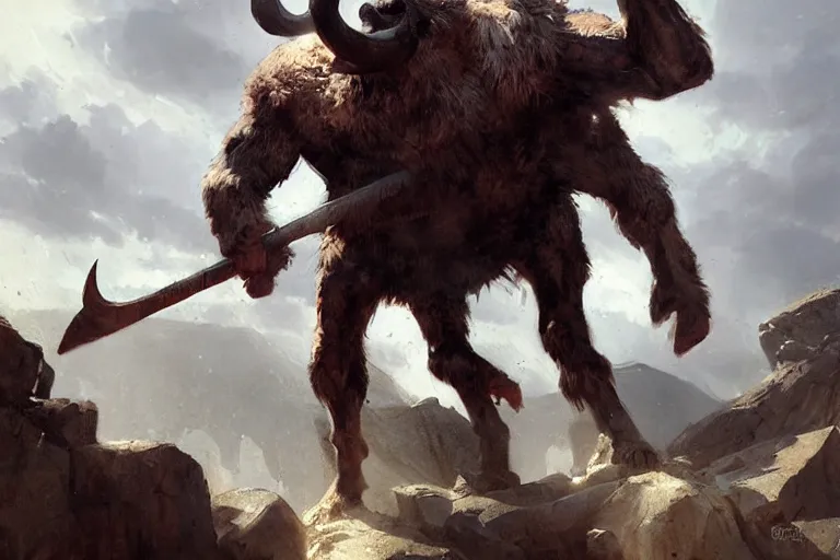 Image similar to hill giant wielding a goat as a weapon, horrifying brute by greg rutkowski, detailed painting