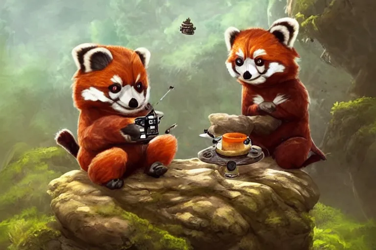 Prompt: an extremely cute (Grogu), and an adorable (Red Panda), both sitting on a lichen covered ancient boulders and singing songs and have a tea party, in the far background up in the sky an outline of Darth Vader's TIE fighter, mischievous, inquisitive, devious, hilarious, funny, by Tyler Edlin