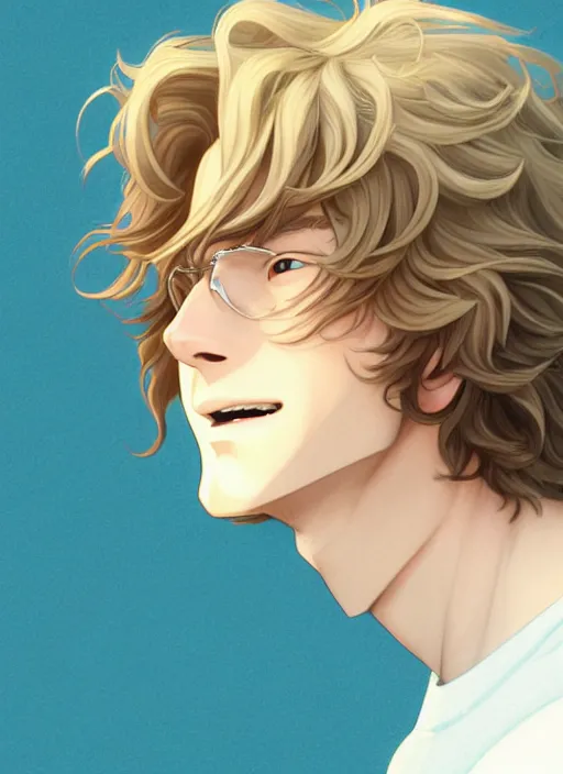 Image similar to young man with medium - length, curly, golden hair, perfectly proportioned face, aquamarine eyes, sweet smile, natural lighting, path traced, highly detailed, high quality, cartoon, digital painting, by new haicheng and studio ghibli