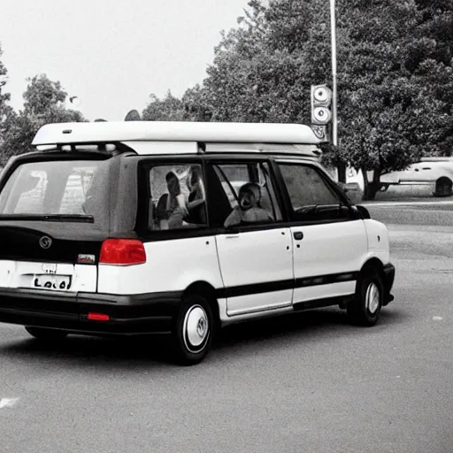 Prompt: very round 1990s Toyota Previa, 70mm flash photography