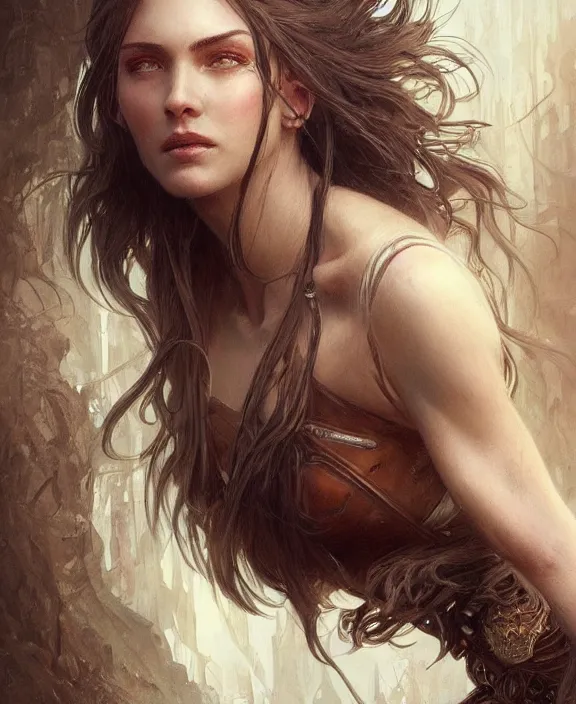 Prompt: portrait of a ruggedly beautiful goddess, soft hair, half body, leather, hairy, d & d, fantasy, intricate, elegant, highly detailed, digital painting, artstation, concept art, smooth, sharp focus, illustration, art by artgerm and greg rutkowski and alphonse mucha