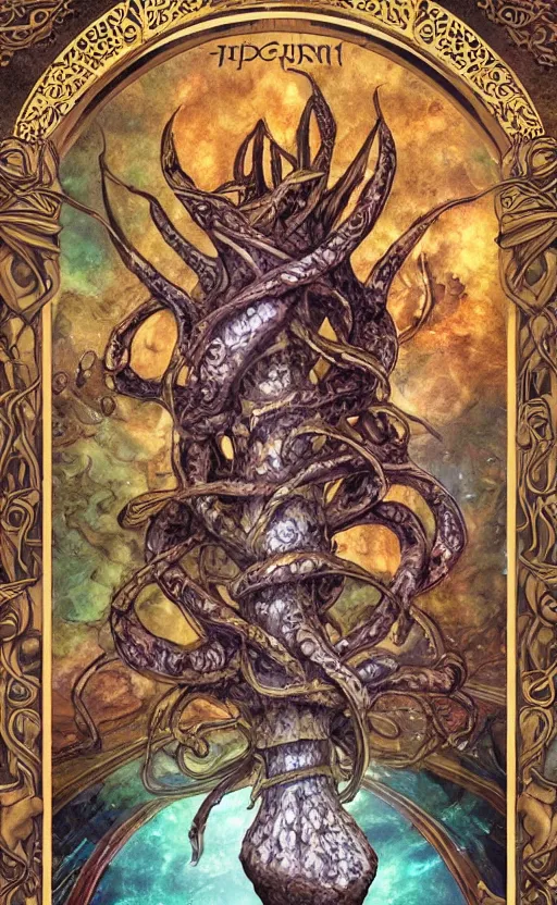 Image similar to a hyperdetailed dnd tarot card design, magnificent shrigma the mushroom deity as depicted in a colossal marble statue ( with godlike bodybuilder physique ) left by ancient greeks, hd tarot card depicting eldritch statue of a mushroom god with cute large mushroom hat, hdr, 8 k, dslr, surreal photo, artstation