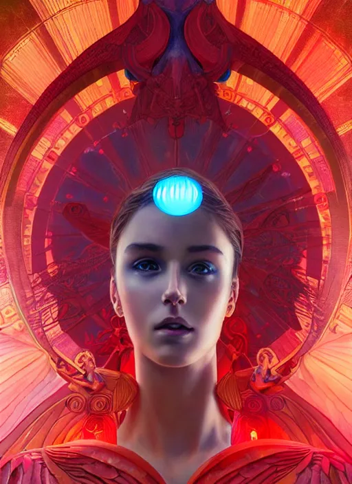 Image similar to nike godess of victory, wings, wax figure, glowing eyes, volumetric lights, red and cyan theme, art nouveau botanicals, intricate, highly detailed, digital painting, artstation, concept art, smooth, sharp focus, cinematic, illustration, beautiful face, art by artgerm and greg rutkowski and alphonse mucha