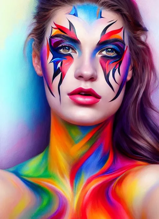 Image similar to full body photo of a gorgeous young woman in the style of stefan kostic, wild colorfully face painting, realistic, sharp focus, 8k high definition, insanely detailed, intricate, elegant, art by stanley lau and artgerm