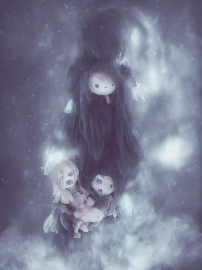 Image similar to cute fumo plush of a cursed frail witch girl held tight in the arms of a translucent ghost mother, hugging and cradling, anime, eerie pretty melting volumetric smoke and fog, dark environment map pbr reflective stormy water, gothic maiden, bokeh, vignette, vray