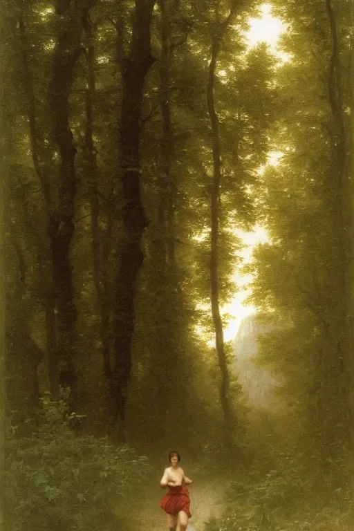 Image similar to runninh through the woods,long exposure, bouguereau