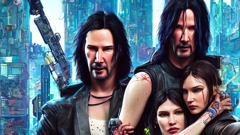 Prompt: a cyberpunk 2077 srcreenshot couple portrait of Keanu Reeves as johnny silverhand & female android in kiss,love story,film lighting,by Laurie Greasley,Lawrence Alma-Tadema,Dan Mumford,John Wick,Speed,Replicas,artstation,deviantart,FAN ART,full of color,Digital painting,face enhance,highly detailed,8K,octane,golden ratio,cinematic lighting
