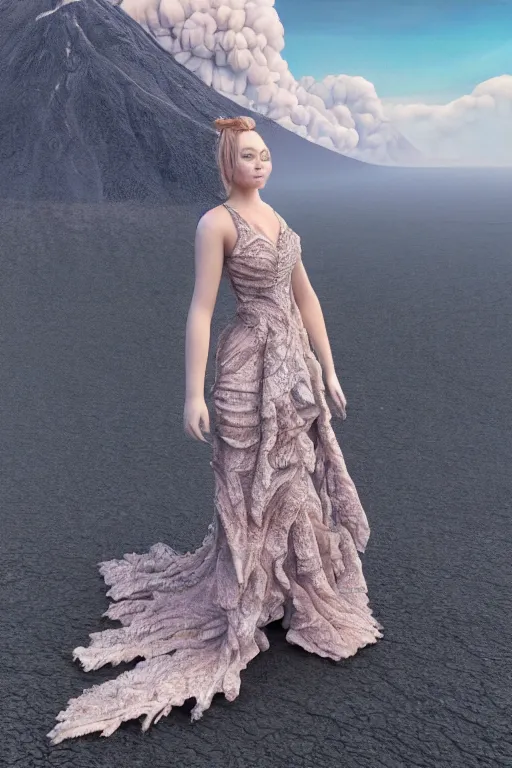 Image similar to a beautiful hyperrealistic ultradetailed 3D, one girl in a magnificent dress stands near a volcano, voge photo, fashion style, fullbody, in full growth, photorealistic, high resolution, trending on artstation, highly detailed, volumetric lighting,artstation, concept art, master illustration, elegant, details, good clear quality, volumetric lighting,