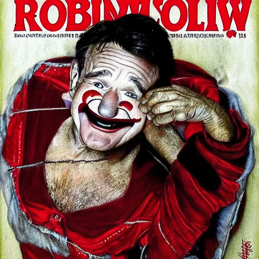 Image similar to Robin Williams as a sad clown painted by Norman Rockwell