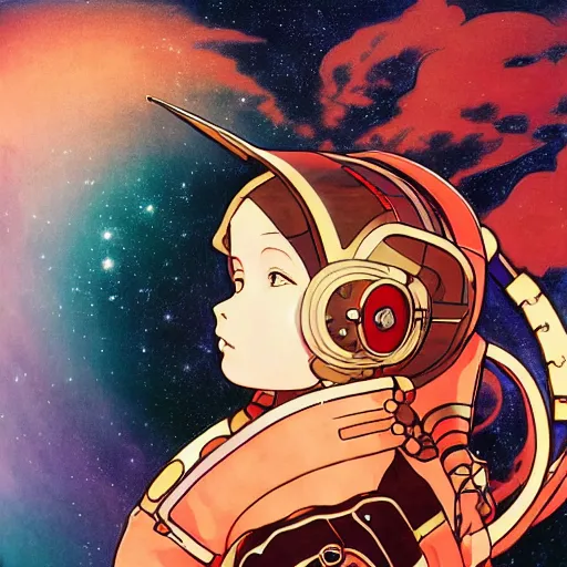 Prompt: portrait of a young astronaut girl, last exile, yoshitoshi abe, alphonse mucha, loish, murata range, synthwave, cosmic,red white and black color scheme, orange highlights, studio lighting, manga, anime, vibrant, beautiful, dreamy, gradation, ((space nebula background))