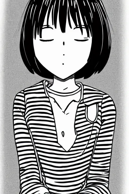 Image similar to portrait of a girl in long pants and a striped top, hands in pockets, eyes closed, bob haircut, digital art, black and white, lineart by kaoru mori