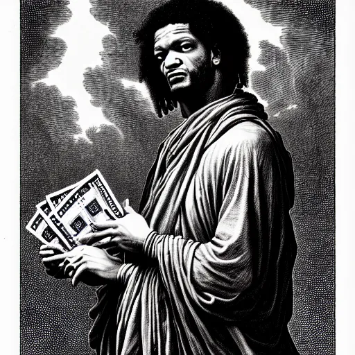 Image similar to fredo santana holding stacks of cash, biblical image, style of gustave dore, highly detailed, beautiful, high contrast, black and white