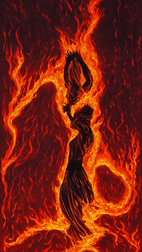 Prompt: silhouette of a woman made of roiling flames, clothed in roiling flames, by darrell k. sweet