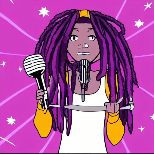 Image similar to black woman with purple dreads with a microphone in space in the style of ghibli