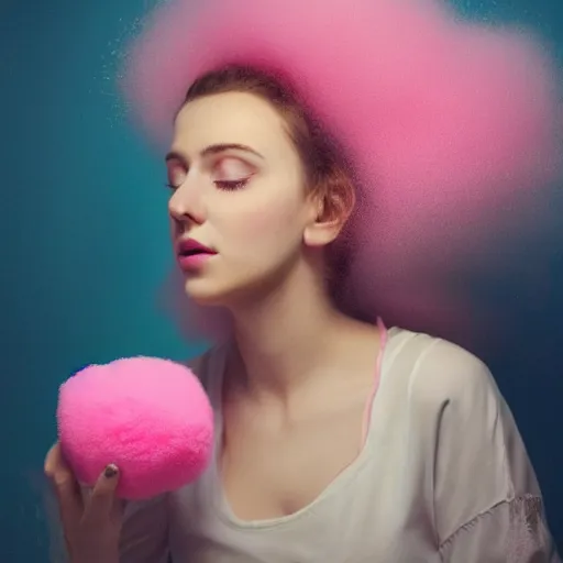Prompt: portrait of pretty girl surrounded by large fluffy pink cotton balls, Dreamlike Portrait Photography by Ramak Bamzar