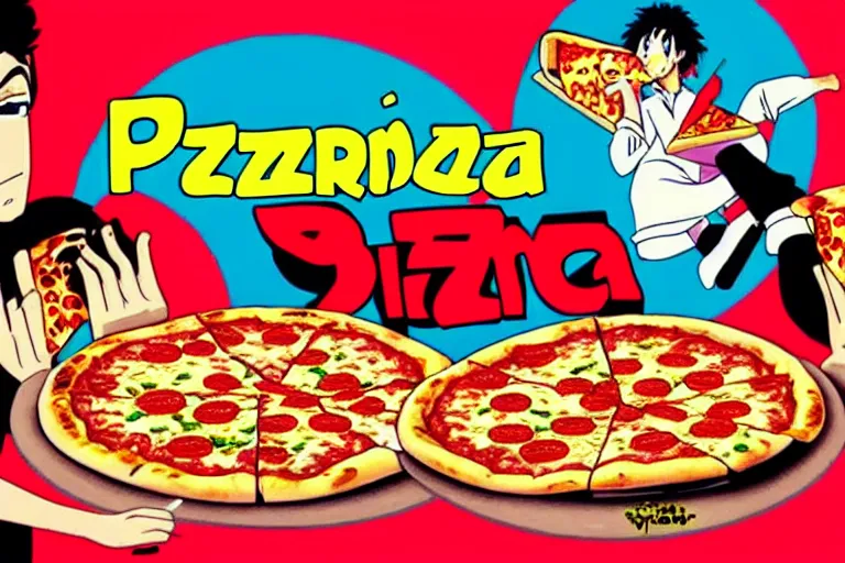 Prompt: pizza, 80s, advertisement, anime, explosion!!!!!!