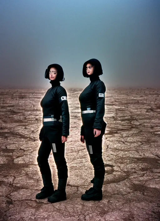 Image similar to cinestill 5 0 d photographic portrait of two loving clones, techwear women on a desolate plain, a brutalist dark metal facility in the background, dust storm, depth of field, 4 k, 8 k, hd, full color