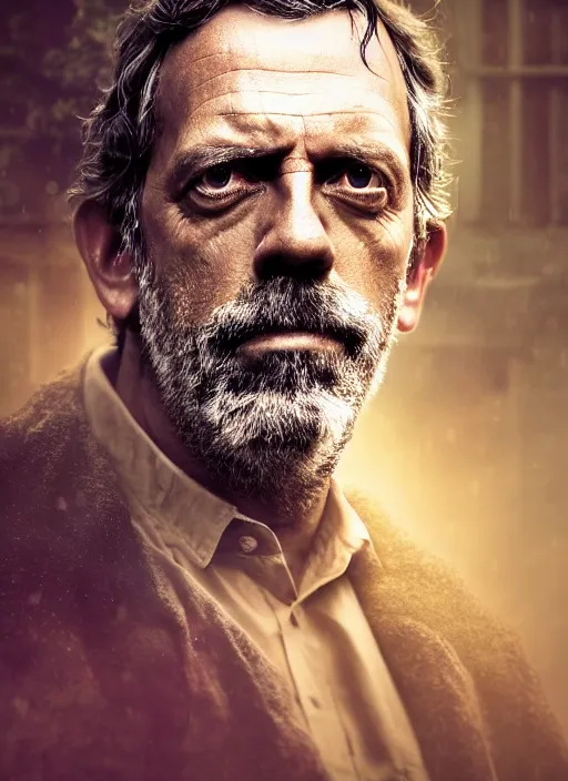 Image similar to doctor house as an indian in real life, face centered portrait of hugh laurie, confident, fog, rain, volumetric lighting, sharp focus, ultra detailed, cgsociety by leesha hannigan, ross tran, thierry doizon, kai carpenter, ignacio fernandez rios, noir art house,