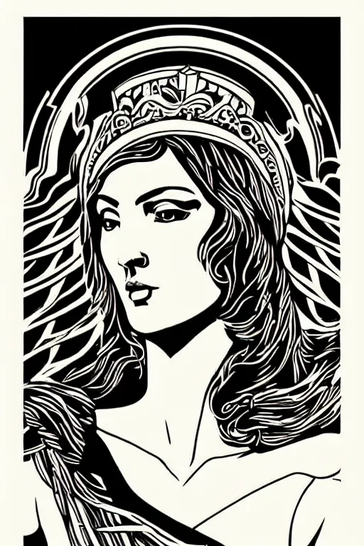 Image similar to Shepard Fairey poster of a Greek Goddess posed in profile, she has beautiful bone structure and long hair. Eyes closed. highly detailed, ornate, Art Deco
