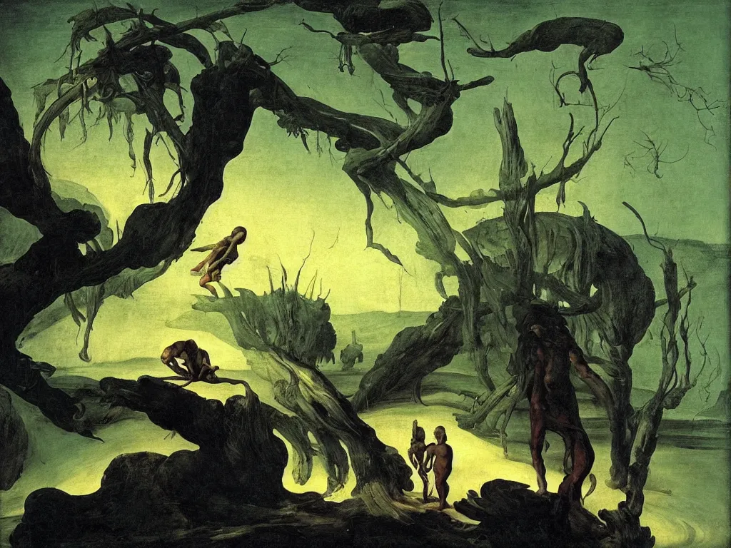 Image similar to Tormented man with the strange reptile creatures of Venus. Surreal, melancholic, vortex river, fumes. Painting by Caravaggio, Caspar David Friedrich, Roger Dean