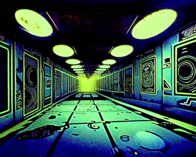 Image similar to interior shot of a space port at night, retro punk, cinematography by Jim Jarmusch, composition by Hale Woodruff,in the style of robert doisneau, grafitti by Aphex Twin, background by Moebius.