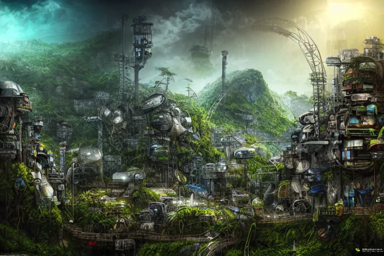 Image similar to sci - fi favela sculpture, fantasy jungle environment, industrial factory, cliffs, gloomy, milky way, award winning art, epic dreamlike fantasy landscape, ultra realistic,